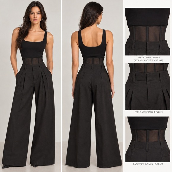 Cider Pants - NWT Cider Black Corseted High-Waist Wide-Leg Pleated Trousers Women's Size M